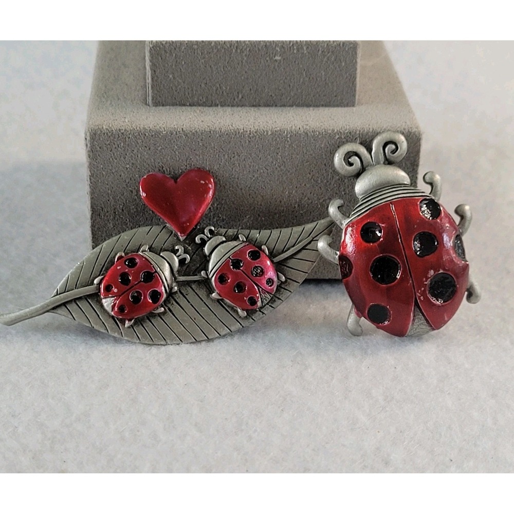 JJ Jonette Jewelry Ladybug Brooch Set Red Enamel Heart Leaf Silver Tone 2 Pc LOT